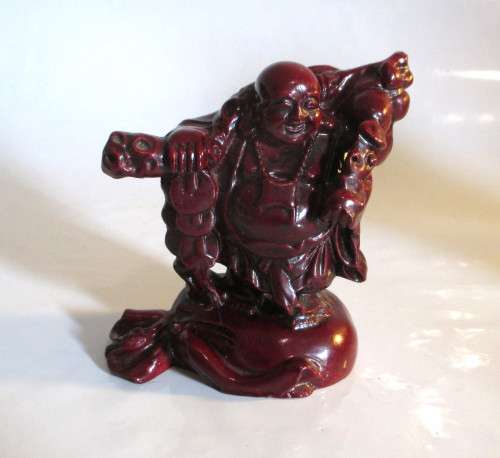 Red Resin Happy buddha standing on money bag with Coins. Wealth and Happiness. 10cm.