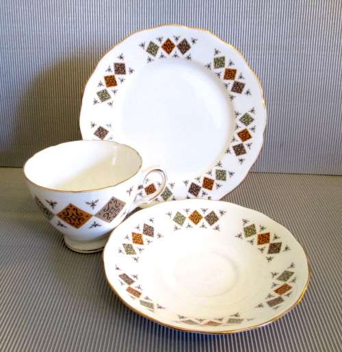 Vintage Colclough England Trio. Warm Winter Colors with Gold Rim.