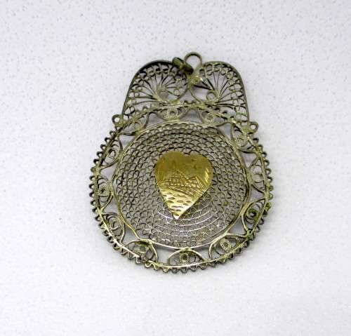 Vintage Silver Filigree Pendant with Golden Engraved Detail in Centre.