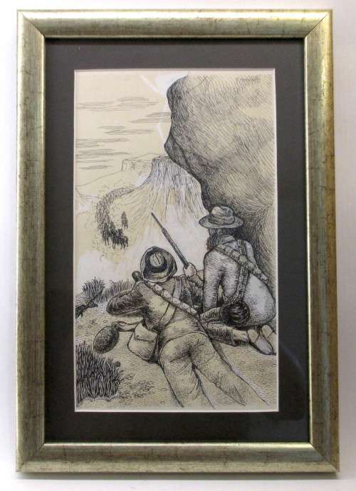 Set of Three Pen Ink Sketches by B Arenson 1970 Boer War Theme. Incredible detailed. Framed.
