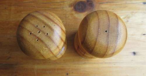 Set of Vintage Wooden Salt and Pepper pots. 130mm high.