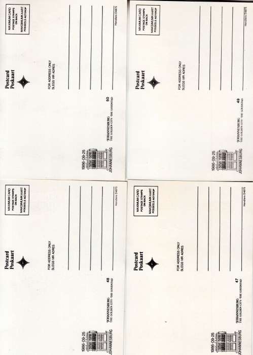 Lot of 4 Potcards, Johannesburg, 1986 Stamped. Johannesburg, The Golden City.. Not used.