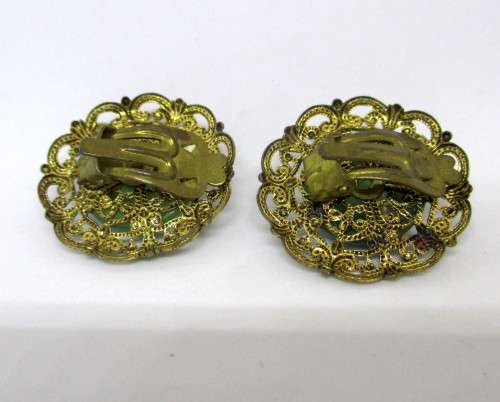 Lovey Vintage Jade green set in Gold color Filigree Clip on Earrings.