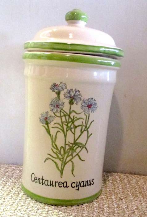 Vintage Apothecary Centaurea Cyamus Ceramic jar in French Provence Style. Klorane 260mm high.