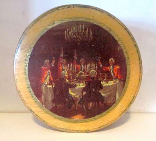 RARE Antique 19TH Mauchlin ware box with Victorian Men scene, gilt painted edge. Scotland.