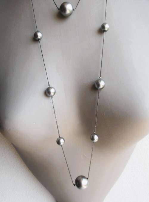 Costume Jewelry. Long Faux pear bead and charcoal color chain necklace. 110cm long