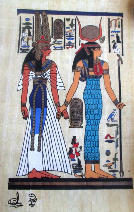Original Signed Papyrus Painting of Nefertiti and Isis, in original holder. 200x250mm