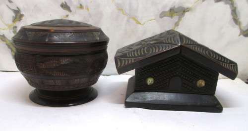Vintage Maori Tiki Tribal Carved Kia Ora Wooden House Paua Shell eyes, round carved holder with lid.