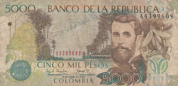 5000 Colombian Pesos banknote 2003. As per scan.