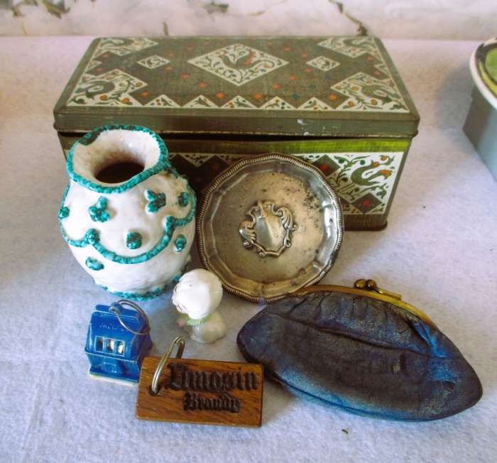 Beautiful Decorated Tin with various miscellanious items. As per photo.