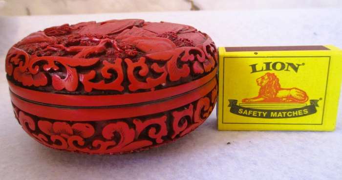 Early 20th Century Chinese Cinnabar Circular jewelry Box. 100mm x 50mm.