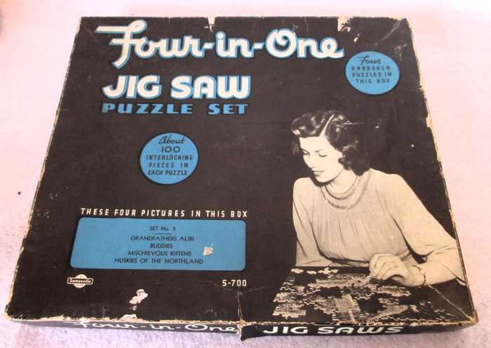 RARE Vintage 1940s 1950s Four-in-One Jigsaw Puzzle Set. Please note 2 pieces missing as per photo.