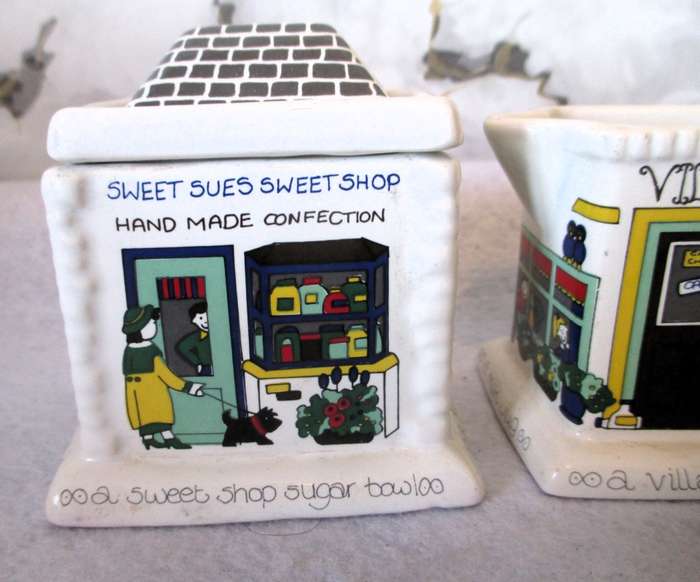 Wade England English Life Sweet Shop Sugar Bowl & Village Dairy Cream Pitcher. See Photo for scale.