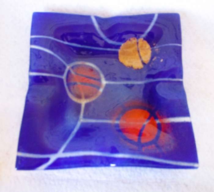 Lovely Fused Art Glass Cobalt Blue, Re and Gold And Ashtray of Trinket Dish. Square 215mm
