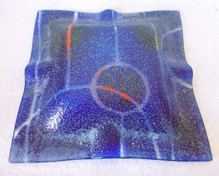 Lovely Fused Art Glass Cobalt Blue, Re and Gold And Ashtray of Trinket Dish. Square 215mm