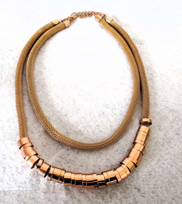 Stylish 2 Strand Layered Mesh with Metal Tunnel Beads Necklace in Rose Gold Tone - 55cm