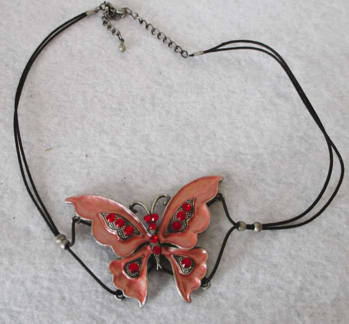 SALE R25 -Lovely Blush Pink Enameled with Rhinestones Pewter Butterfly necklace. 40cm.