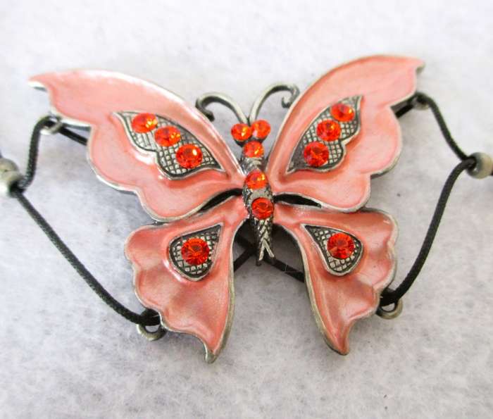 SALE R25 -Lovely Blush Pink Enameled with Rhinestones Pewter Butterfly necklace. 40cm.