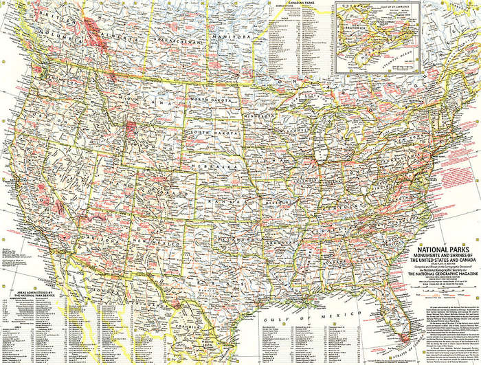 1958 National Parks Map Monuments and Shrines of USA and Canada. National Geographic. 63x43cm