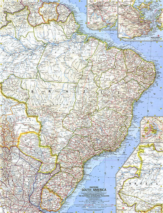 1962 Eastern South America Map. National Geographic. 61x48cm