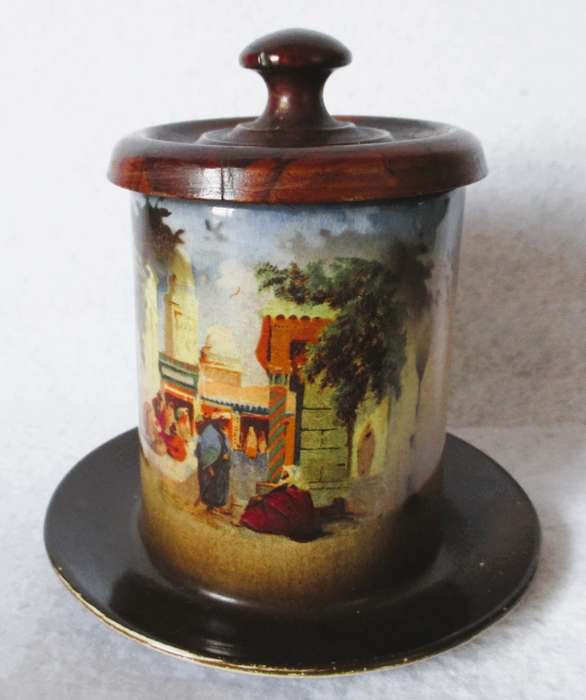 Antique Porcelain attached jar & saucer with wooden lid. Marked. 120mm high.