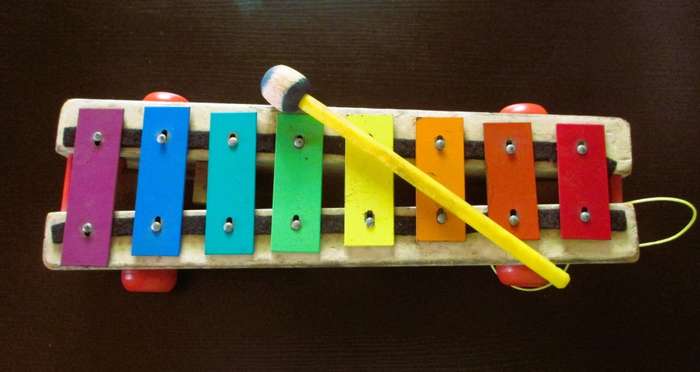Vintage Fisher Price Pull Along Xylophone with stick - musical toy - rainbow shelf decor - 1978