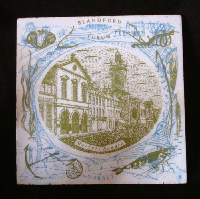 Vintage Blandford Forum Market Square Dorset handpainted ceramic tile. 155mmx155mm.