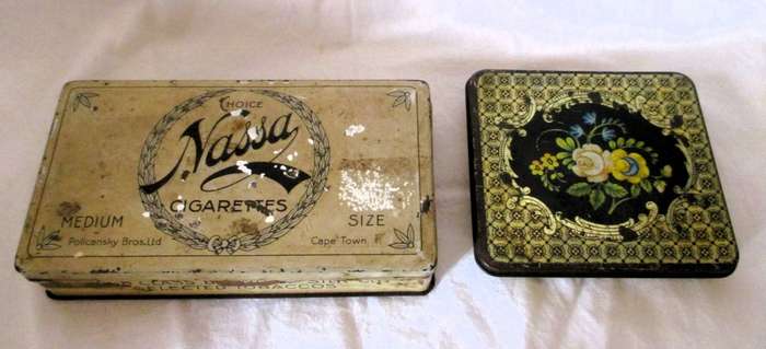 Lot of 2 Vintage Sigarette Tins. Nassa Cigarettes, Cape Town. Ladies decorative Tin.
