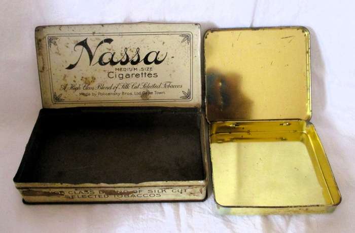 Lot of 2 Vintage Sigarette Tins. Nassa Cigarettes, Cape Town. Ladies decorative Tin.