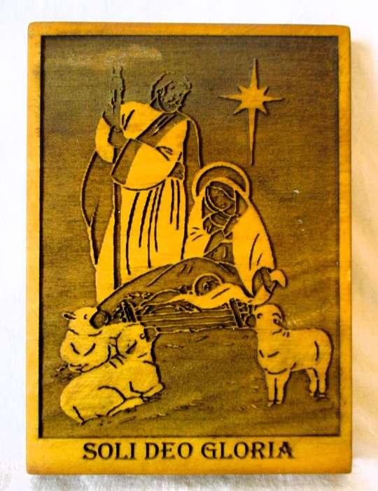 SALE R25 - Solid Wood Burning Soli Deo Gloria Picture for wall hinging.  145x105 mm