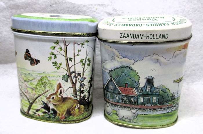 Vintage Two Dutch Collectable Tins. One with original sealed candy and with Tea. Dont consume. 100mm
