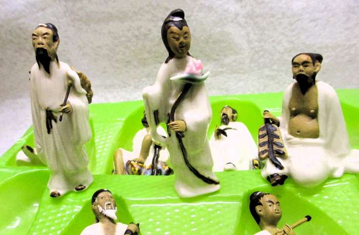 Vintage Chinese Eight Immortals figures hand painted Porcelain. In original box. Spotless.
