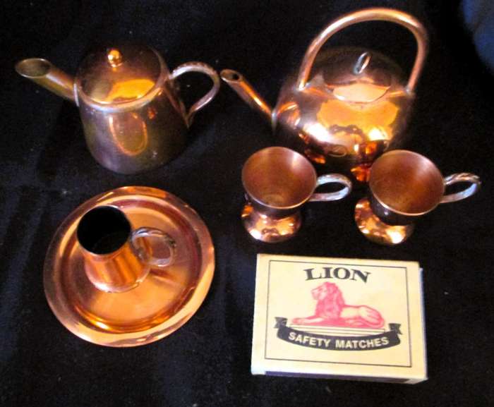 9 Piece mini red copper Tea , Coffee pot and others. Printers tray items.