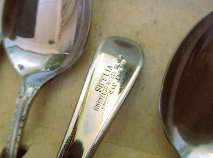 Set of 6 Sipelia rustless nickel silver tea spoons. Great patina.