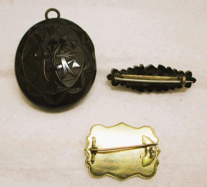 Lot of 3 Very Fine Victorian Jet-Onyx Mourning Memento Pendant and brooches,silver and gold finishes