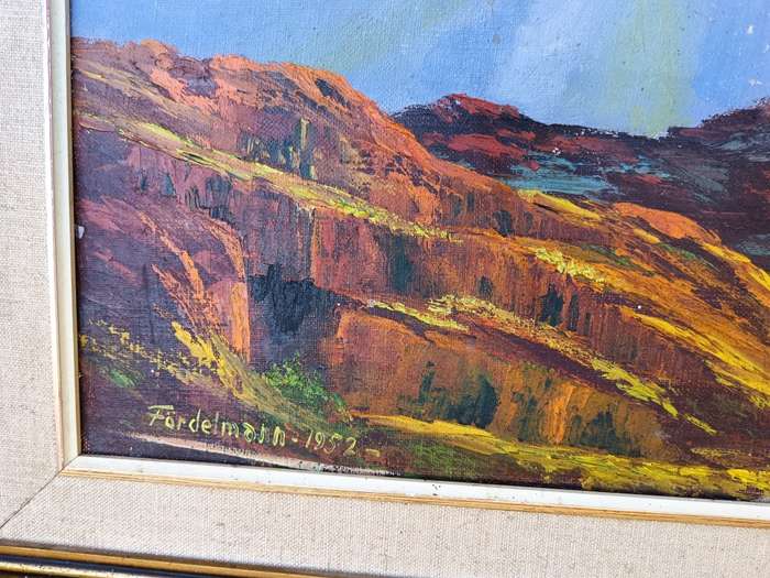 Vintage Fordelman 1953 Mountain scene oil painting- frame 67cmx 52cm, painting 50x35cm. As per photo