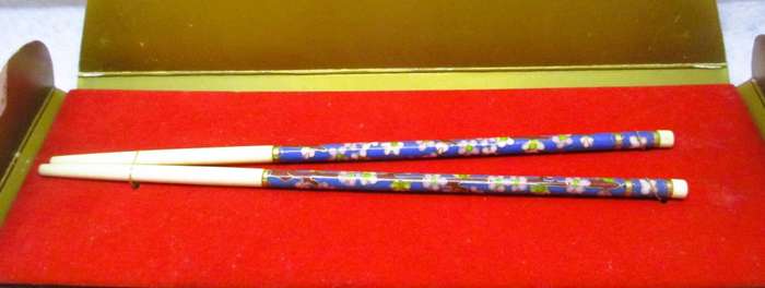 Vintage 1993 Numbered Chinese Blue Floral Cloisonne Chopsticks for Singapore Airlines from Durban