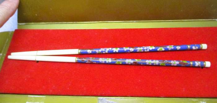 Vintage 1993 Numbered Chinese Blue Floral Cloisonne Chopsticks for Singapore Airlines from Durban
