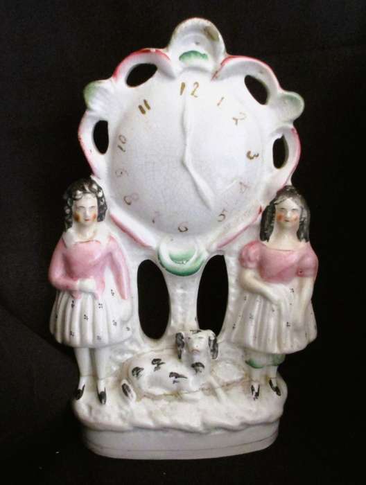 Antique Staffordshire Flatback Figure 2 Girls With A Clock And Spaniel Mantlepiece, Repaired 25x13cm