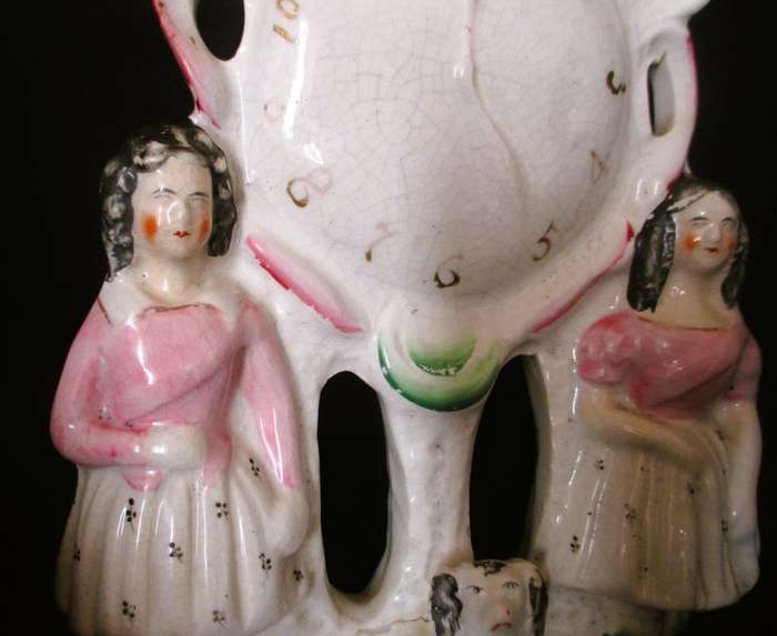 Antique Staffordshire Flatback Figure 2 Girls With A Clock And Spaniel Mantlepiece, Repaired 25x13cm