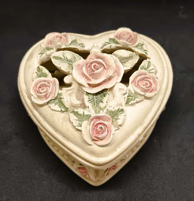 Heart shape porcelain jewelry box and photo frame with cherub baby.