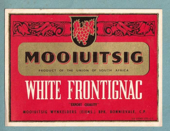 4 x Vintage Wine Bottle Labels. Mooiuitsig White Frontignac, Constantia Muscadel, Worcester Hock
