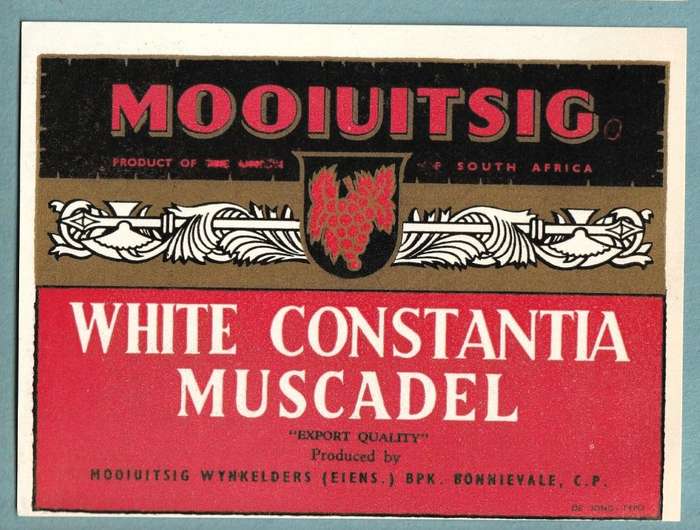 4 x Vintage Wine Bottle Labels. Mooiuitsig White Frontignac, Constantia Muscadel, Worcester Hock