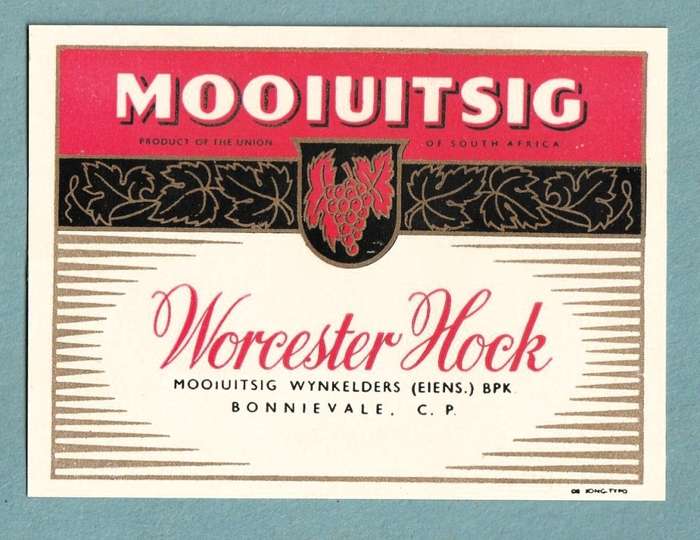 4 x Vintage Wine Bottle Labels. Mooiuitsig White Frontignac, Constantia Muscadel, Worcester Hock