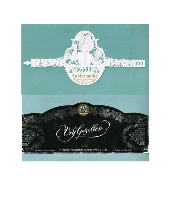 2 x Vintage Champagne Bottle Labels. R Santhsgens. Vry Gezellen and Liebfraumilch. Pastic Label