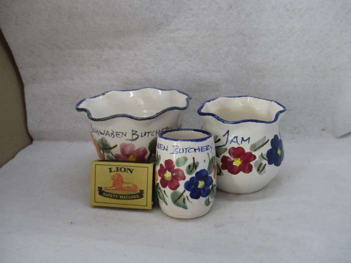 Lot of 3 Colorful Pottery vases/holders made for Schwaben Butchery 2011. As per photo.