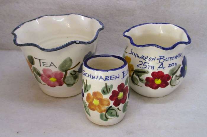 Lot of 3 Colorful Pottery vases/holders made for Schwaben Butchery 2011. As per photo.