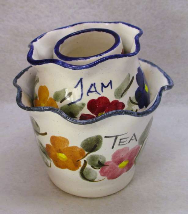 Lot of 3 Colorful Pottery vases/holders made for Schwaben Butchery 2011. As per photo.