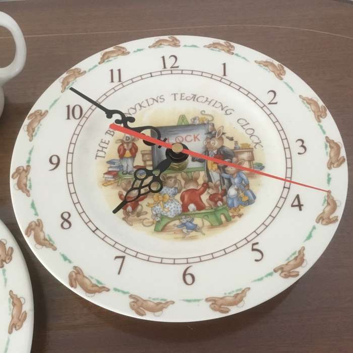 Royal Doulton bunnykins teaching clock & plate ,cup