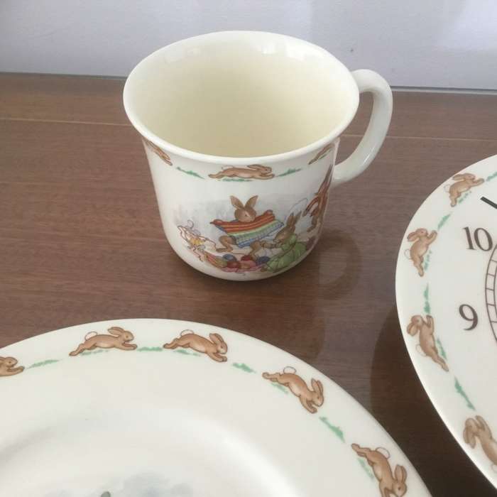 Royal Doulton bunnykins teaching clock & plate ,cup
